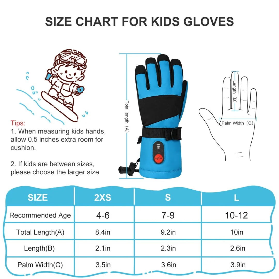 SNOWYES Kids Heated Ski Gloves, 3-Heat Settings, Rechargeable, Water Resistant, Windproof, Ideal for Skiing, Snowball Fights, Cycling