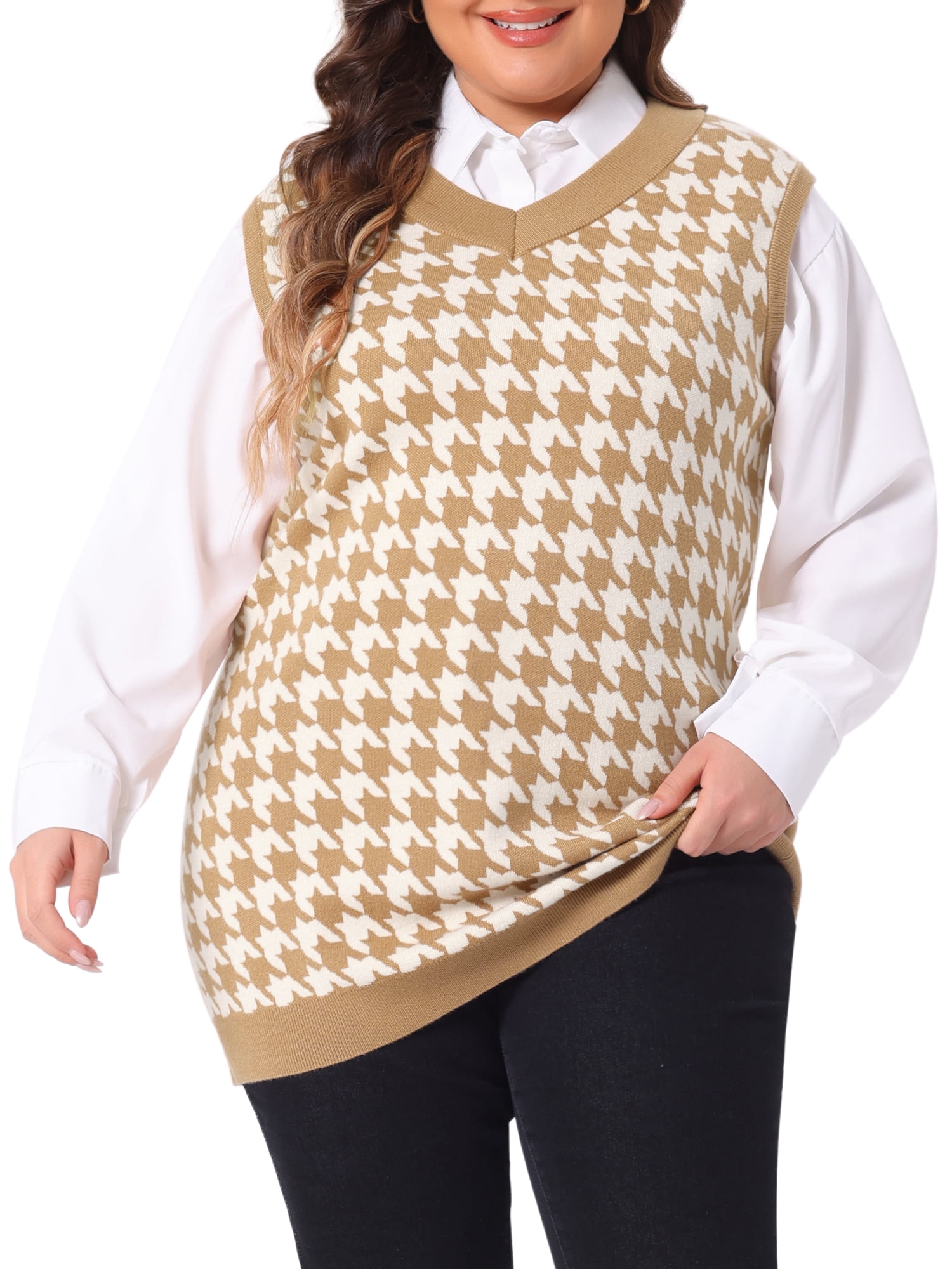 DARING DIVA Women's Plus V Neck Sleeveless Knit Oversized Sweater Vests 2X Brown