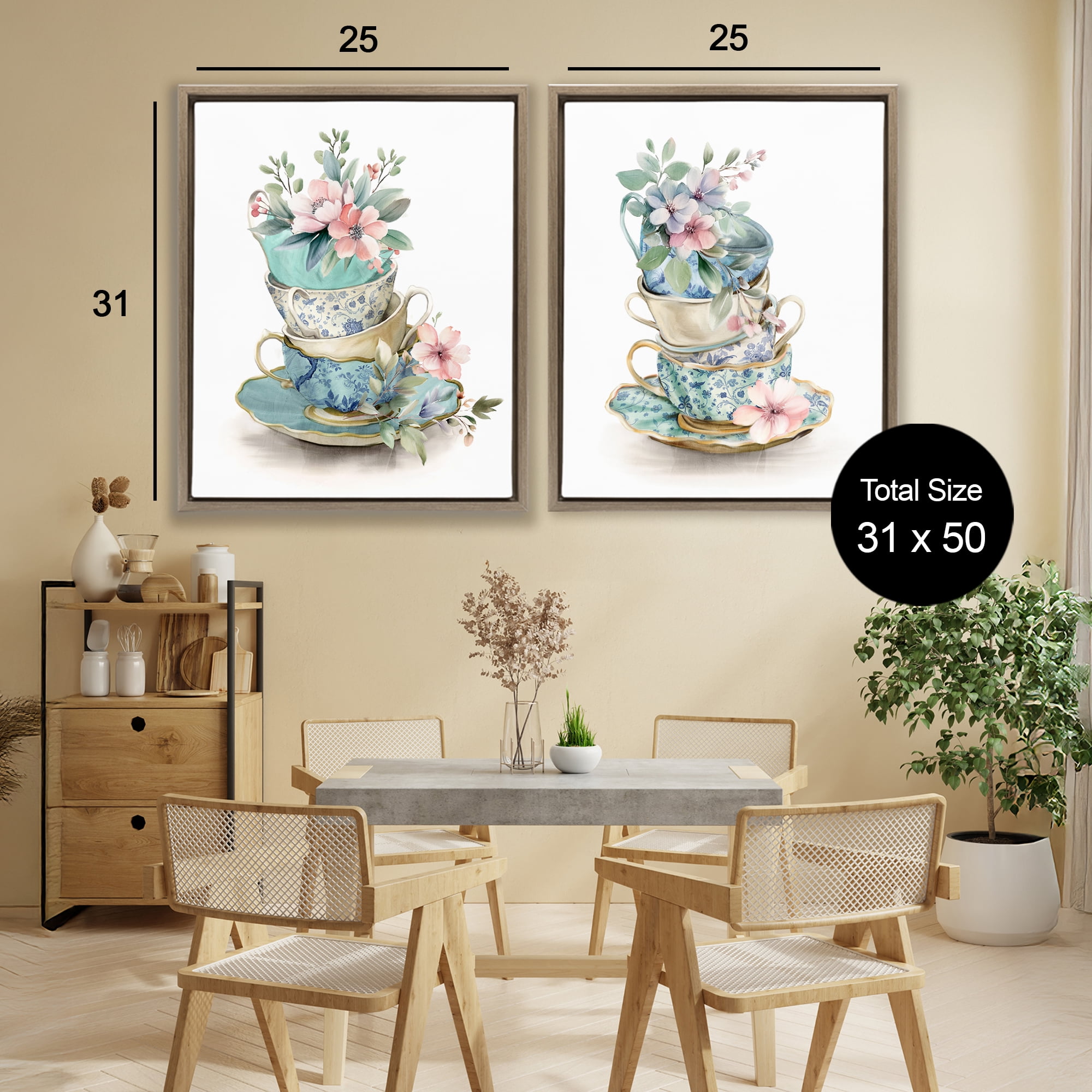 Stupell Industries Stacked Teacup Chinoiserie 2 Piece Brown Framed Floater Canvas Set, design by Kim Allen