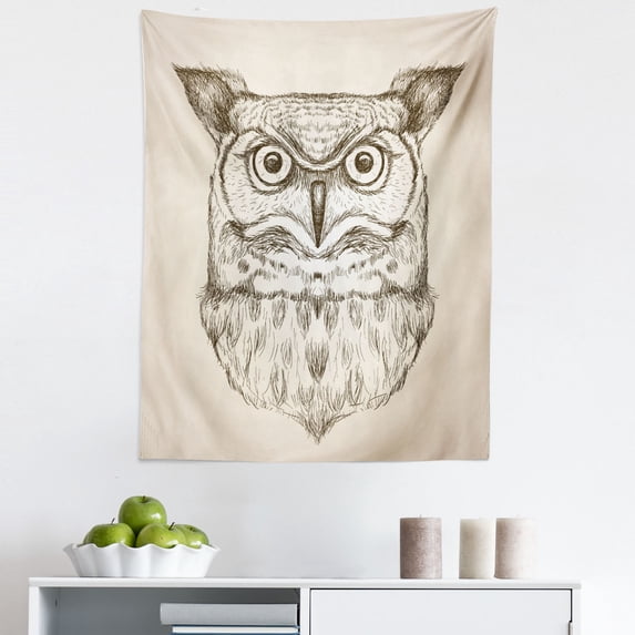 Owl Tapestry, Hand-Drawn Sketch of an Owl Head Front View Wildlife Animal Theme, Fabric Wall Hanging Decor for Bedroom Living Room Dorm, 5 Sizes, Dark Brown and Eggshell, by Ambesonne