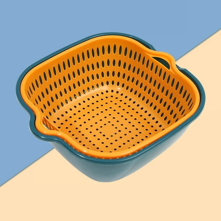 

Vegetable Washing Basket Double Layer Drain Quickly Suspend Multifunction Fruit Strainer with Side Handle for KitchenL Blue Yellow
