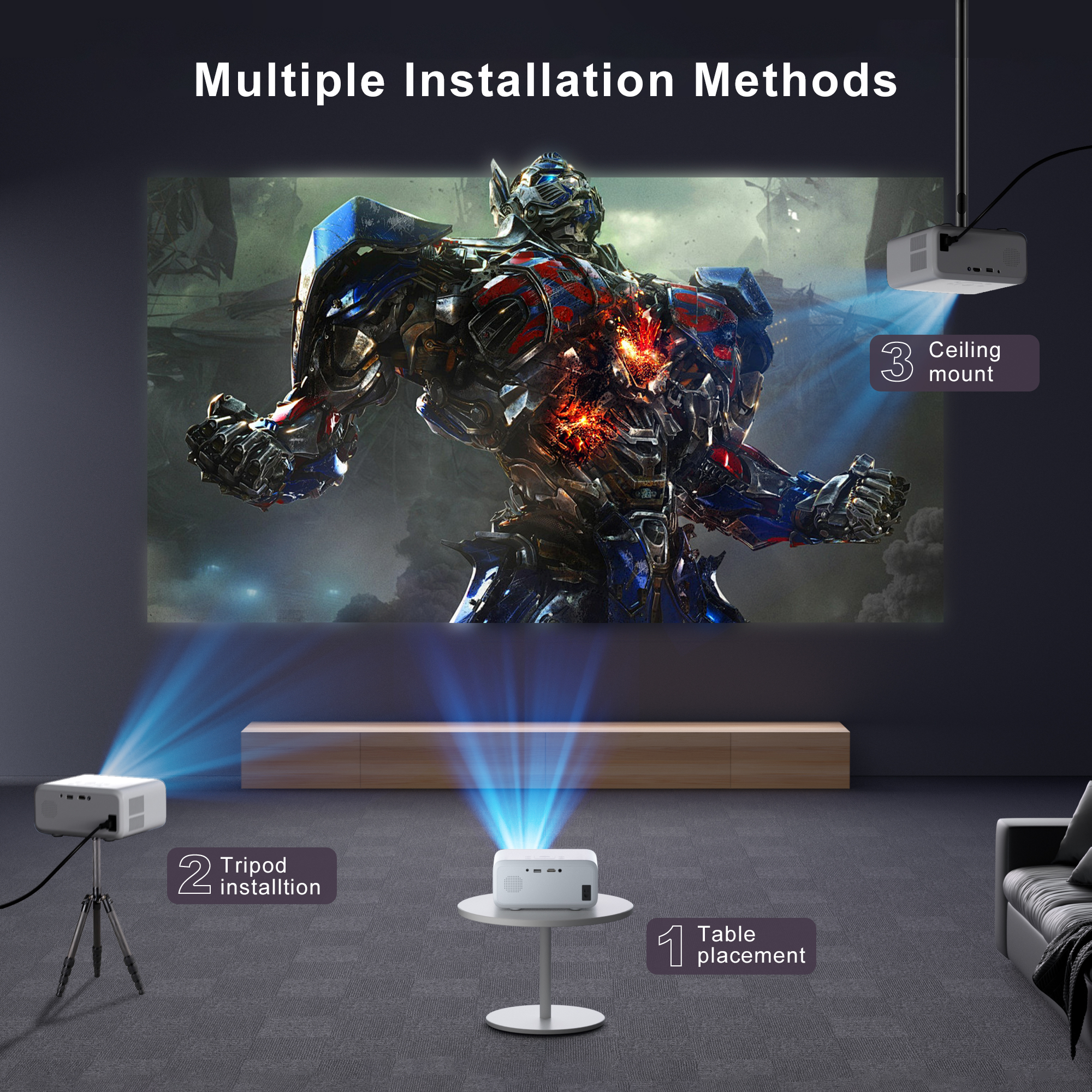Visulapex Projector 4K 1080P Support, Mini Projector with WiFi and Bluetooth, Outdoor Movie Projectors