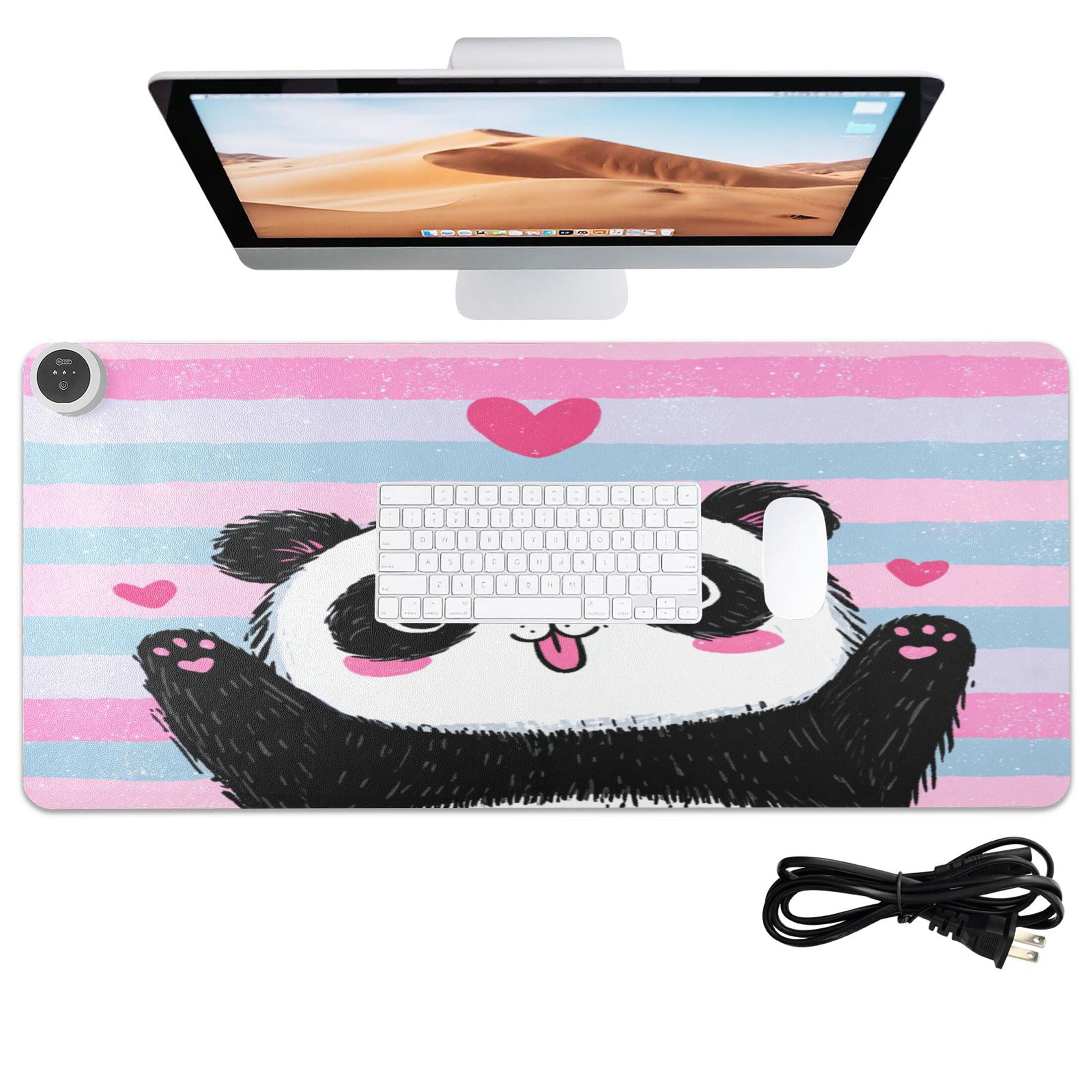 Large Heated Desk Mat Mouse Pad 31.5"x13"PU Leather Graphene Heating Desk Warmer with 3 Temperature Settings 110V US Plug Non-Slip Warm Pad for Home, Office, and Gaming Adorable Panda Love Design