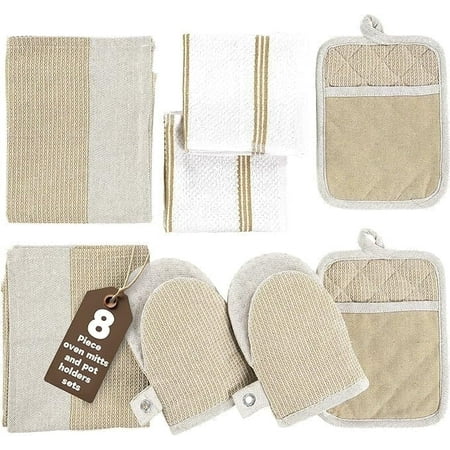 Casa Platino Kitchen Set Pack of 8 Oven Mitts Pot Holders Pad and Towel Set Cute Kitchen Starter Set Short Oven Mitts and Kitchen Hand Towels and Dish Cloths Sets - Beige