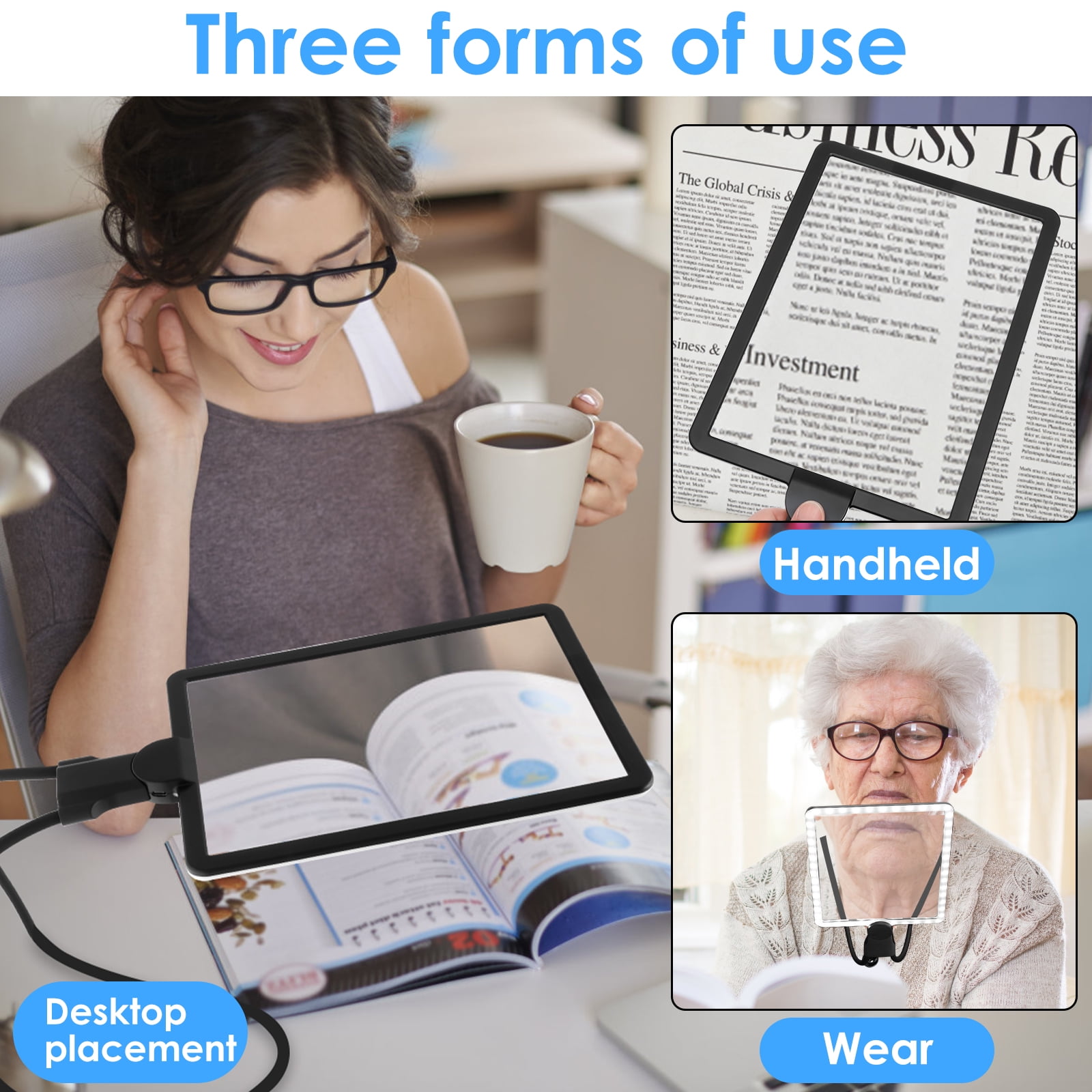 Magnifying Glass with Light Rechargeable Hands Free Full Page Reading Magnifier with Neck Hanging 7.5 x 10.2in for Elderly Visual Impairment