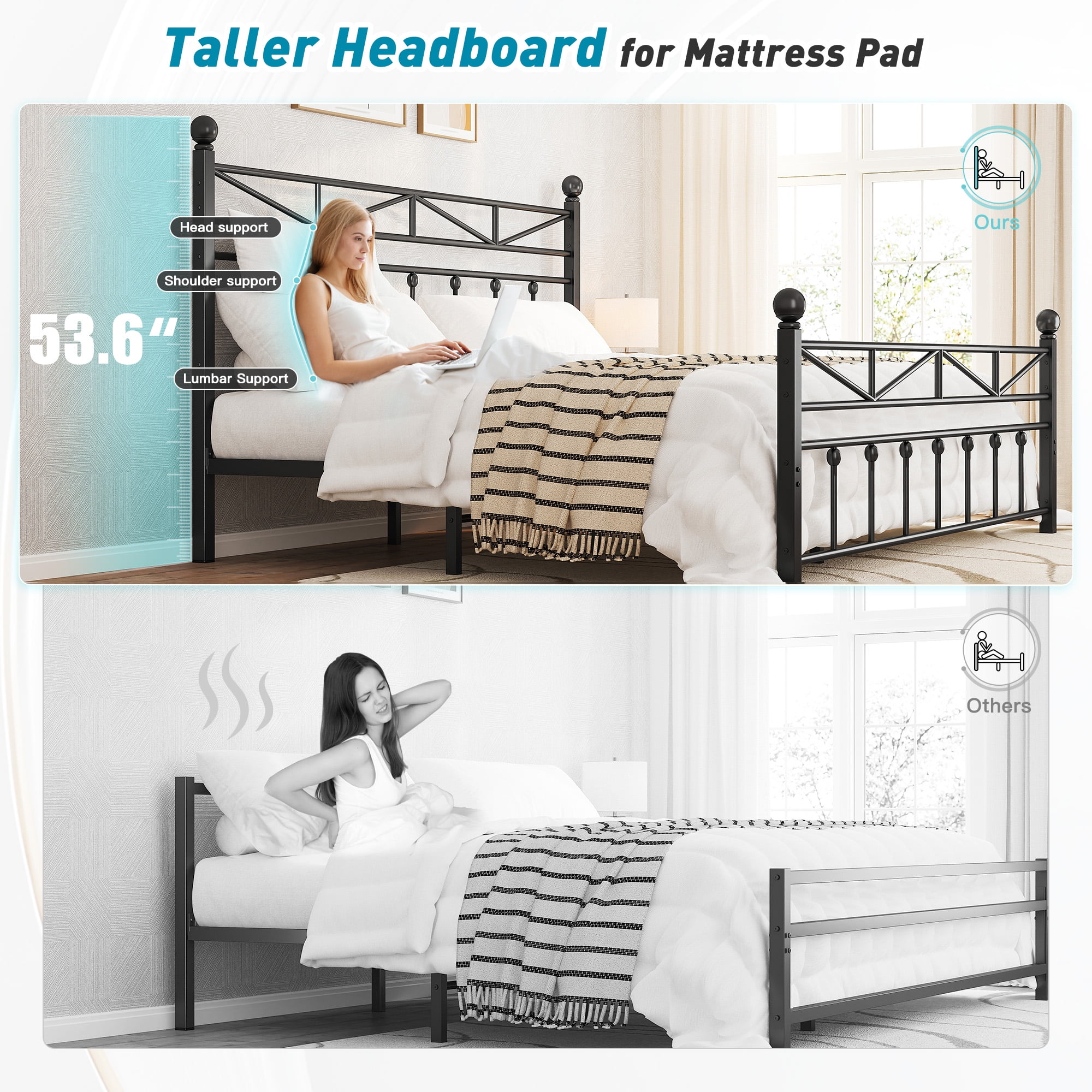 EnHomee Queen Size Metal Platform Bed Frame Metal Bed Frame Queen with Headboard & Footboard Bed Frame with LED Lights & Storage,Noise Free,Black