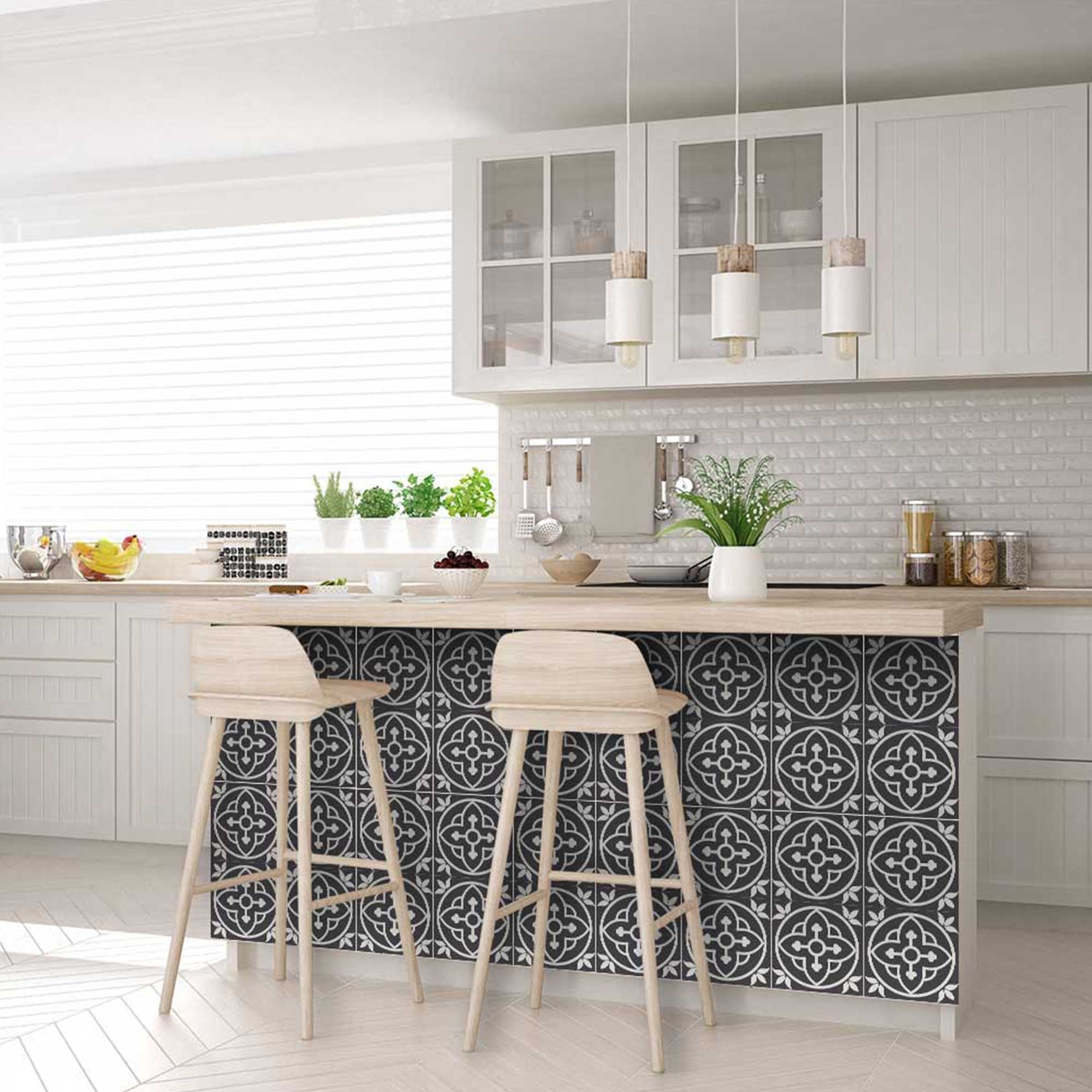 Mi Alma Removable Vinyl Floral Gray White Backsplash Tile Stickers, 24pcs