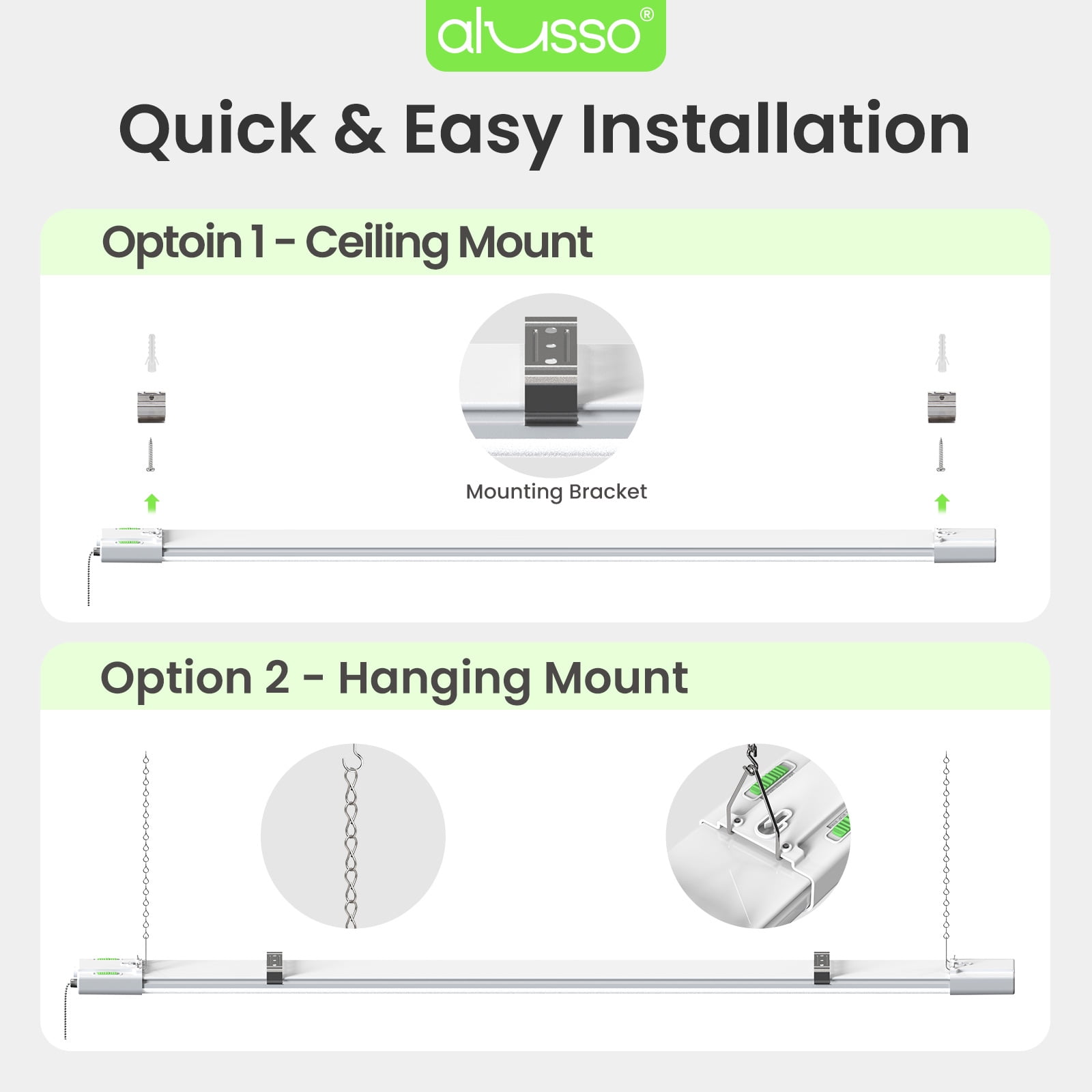 ALUSSO 4FT LED Shop Lights for Garage, 6000LM Super Bright Shop Lights with Pull Chain, 60W/45W/30W, 2700K/3000K/4000K/5000K/6500K Adjustable Led Shop Lights Linkable for Workshop, 2 Pack