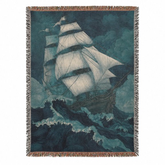 Stormy Ocean Sailing Ship Teal Blue Woven Blanket, 100% Cotton, Nautical Decor for Sofa or Wall Display