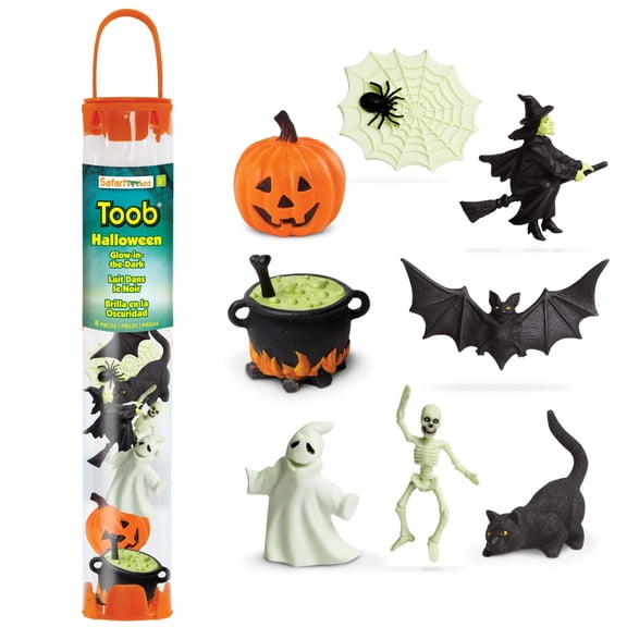 Safari Ltd. Glow-in-the-Dark Halloween Toob - Mini Figures: Bat, Cat, Skeleton, Ghost, Witch, Cauldron, Spider, Pumpkin - Educational Toy Figures For Boys, Girls & Kids Ages 3