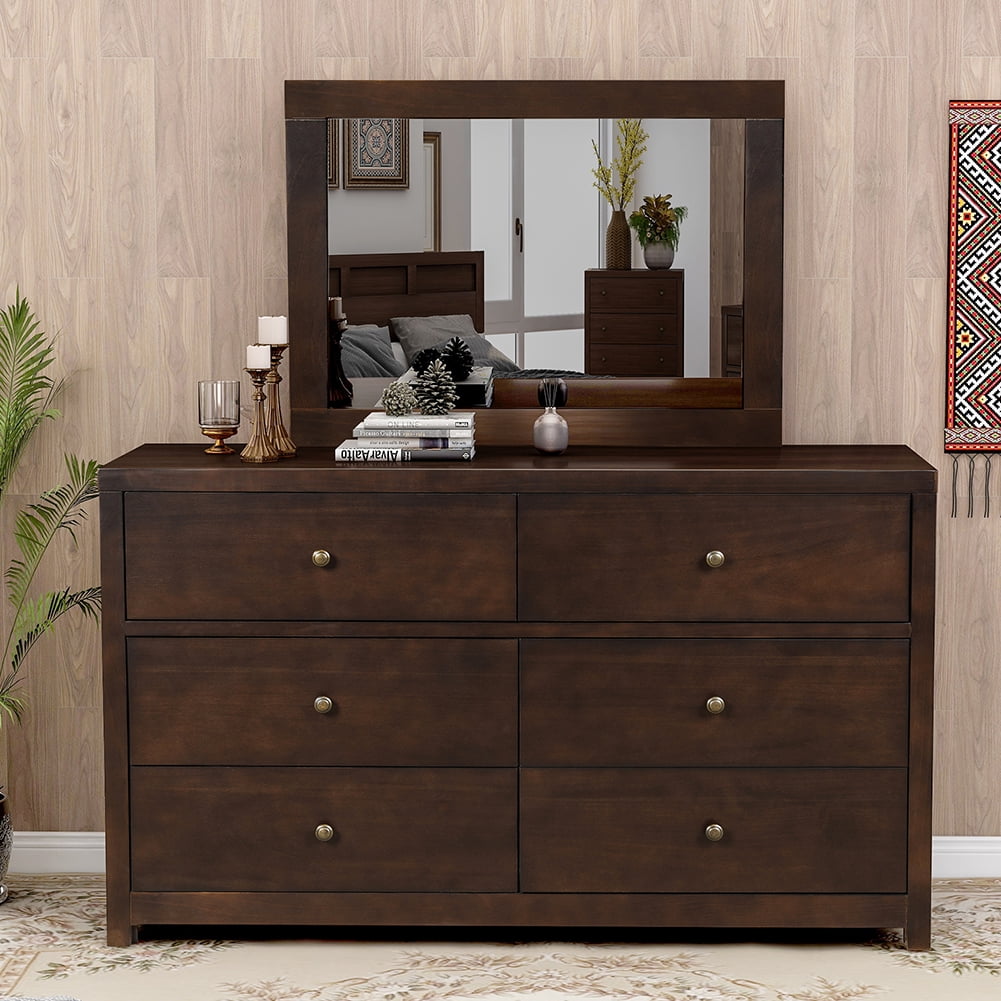 Canddidliike Rustic Dresser Solid Wood Double Dresser with 6 Drawer - Rich Brown