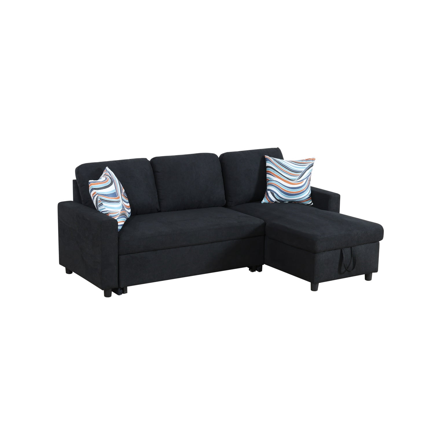 Hommoo Flannelette Reversible L-Shaped Sleeper Sofa Bed, Modern Sectional Couch Sofa Bed with Storage, Pull-Out Couch Sofa for Living Room, Bedroom and Office, Black