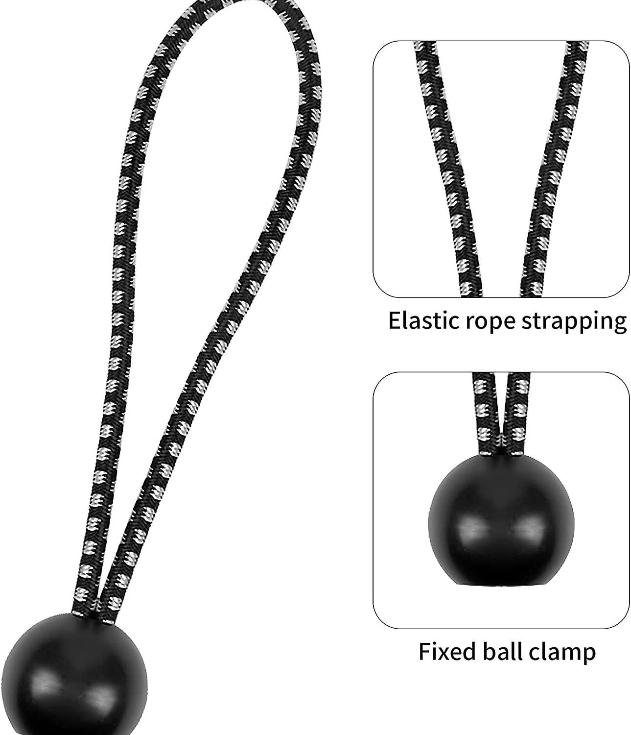 50 Tensores Elásticos Con Bola Para Toldos, Carpas, Cortinas – Negro, Resistentes A Rayos UV, Se Estiran Hasta 25 Cm