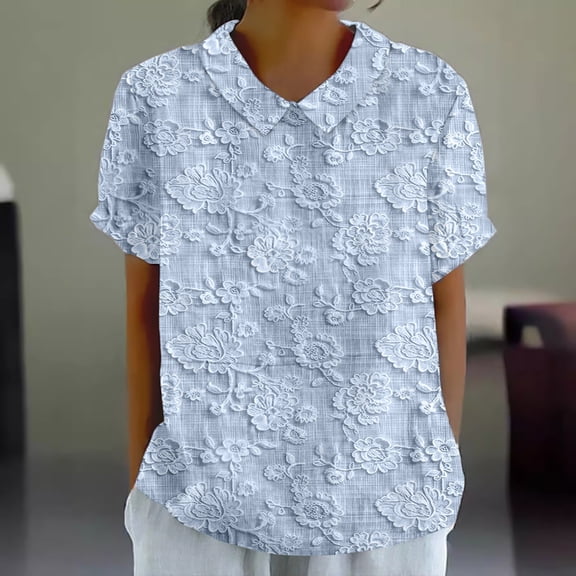 Dressy Women Shirts Women'S Lapel Embroidered Floral Lace Printed Round Neck Button Loose Pullover Top Casual Shirt T Shirt,Blue Women Shirts XXL