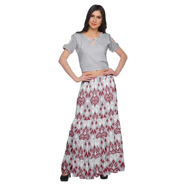 Moomaya Printed Rayon Cold Shoulder Crop Top And Skirt Ethnic Set For Women
