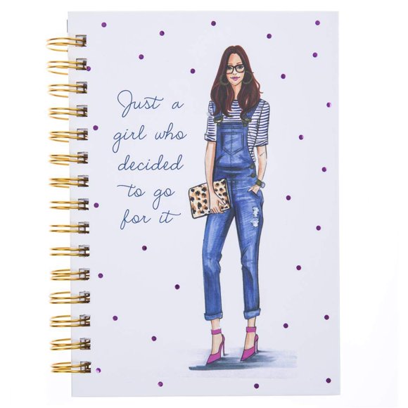 Graphique Denim Overall Diva Hard Bound Journal, 160 Ruled Pages, Purple Polka Dot Inspirational Journal Cover w/Gold Spiral Binding, 6.25" x 8.25" x 1”