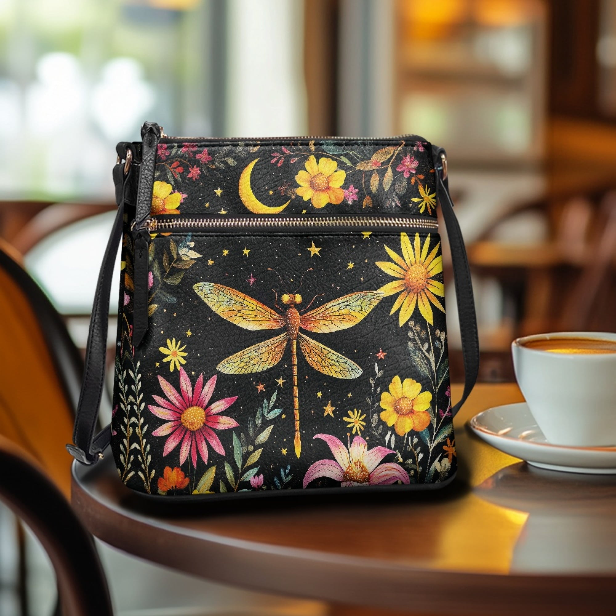Kuiaobaty Dragonfly Daisy Moon Print Crossbody Bag for Women, Casual Medium Size Vegan Leather Shoulder Handbag Crossbody, Waterproof Sling Purse with Adjustable Strap for Travel