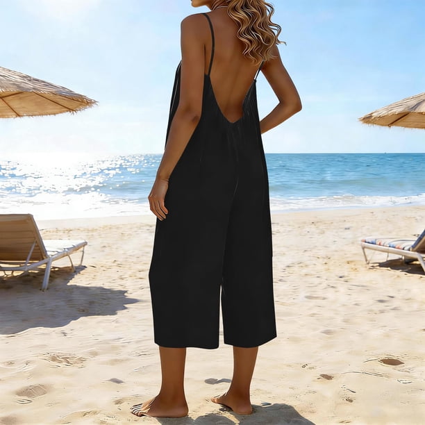 TaTaai Women's Summer Casual Solid Adjustable Spaghetti Strap Backless Jumpsuit with Pockets 7/8 Length Loose Fashion Romper Gift