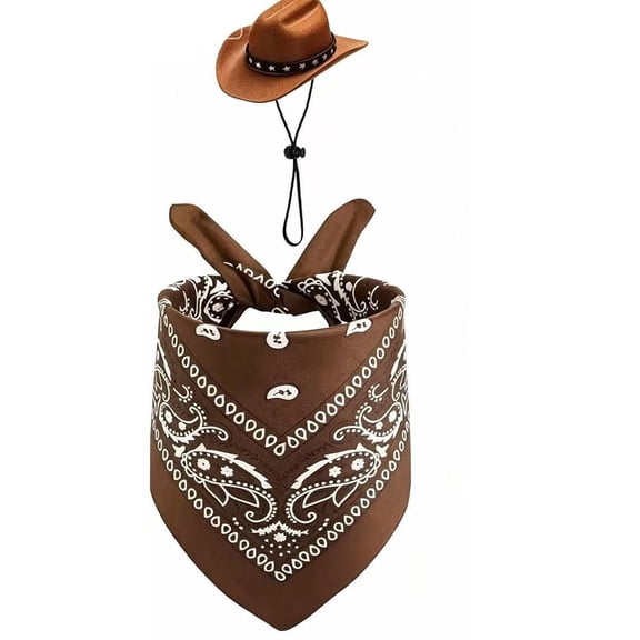 Pet Cowboy Hat and Bandana Set with Adjustable Chin Strap, One Size, Brown Paisley, for Dogs and Cats, Halloween