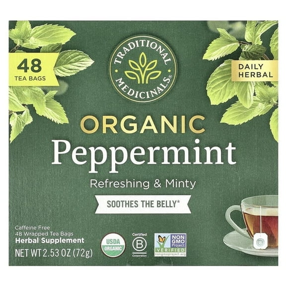 Traditional Medicinals, Herbal Tea, Organic Peppermint, Caffeine Free , 48 Tea Bags, 2.53 oz Pack of 2