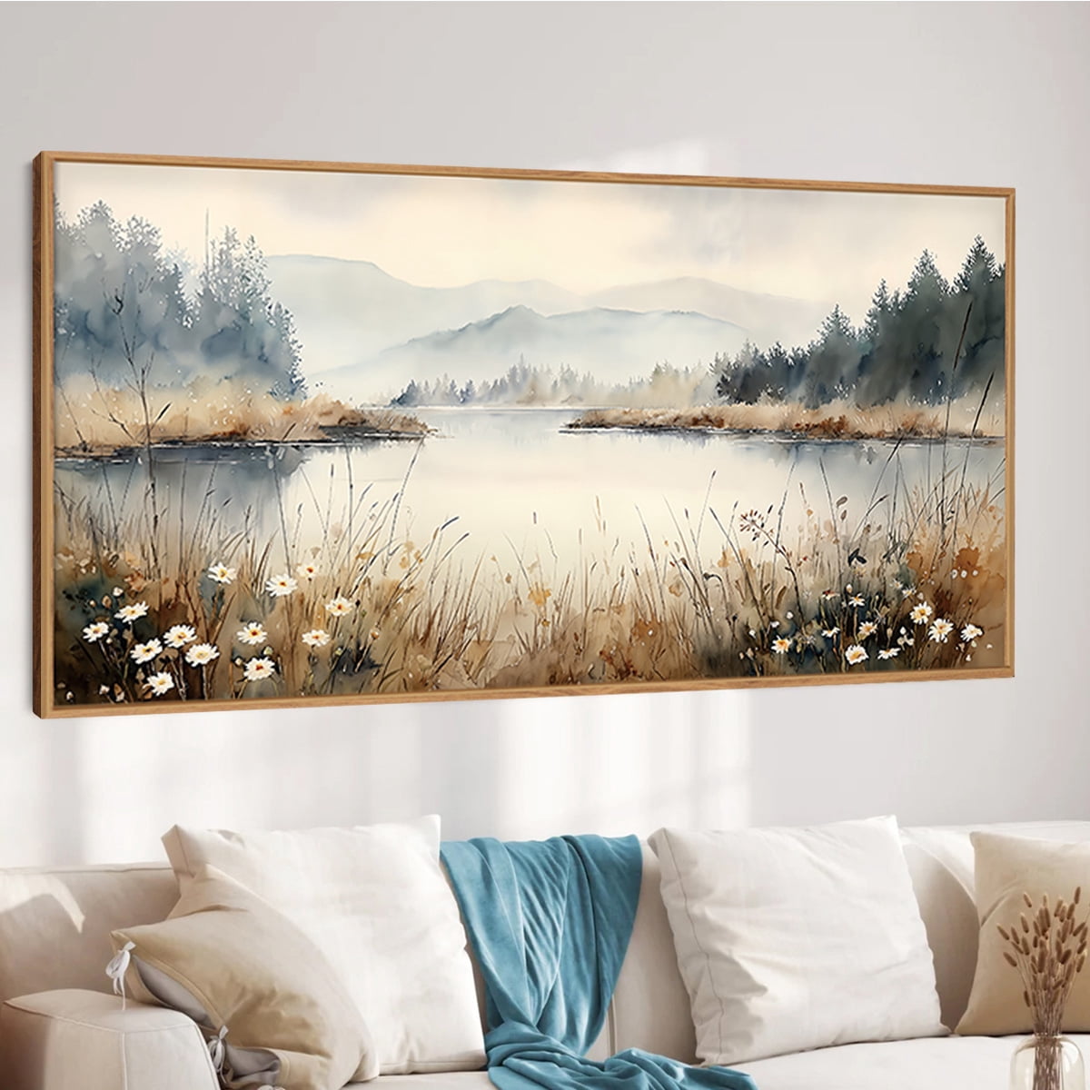 Nature Landscape Wall Art Wilderness Wall Decor Framed Forest Canvas Artwork Misty Mountain Lake Scenery Wall Painting for Living Room Farmhouse Bedroom 20X40 In
