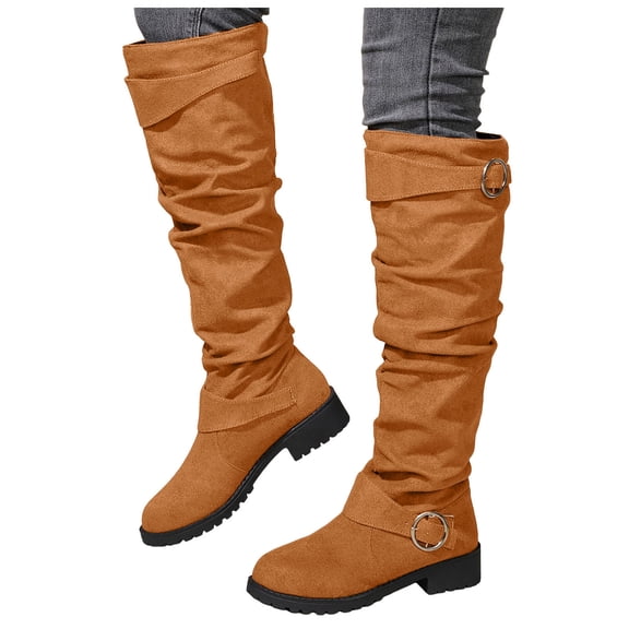 Womens Slouchy Wide Mid Calf Boots Suede Low Heel Buckle Strap Knee High Boots Casual Dress Round Toe Tall Riding Boots Orange 6