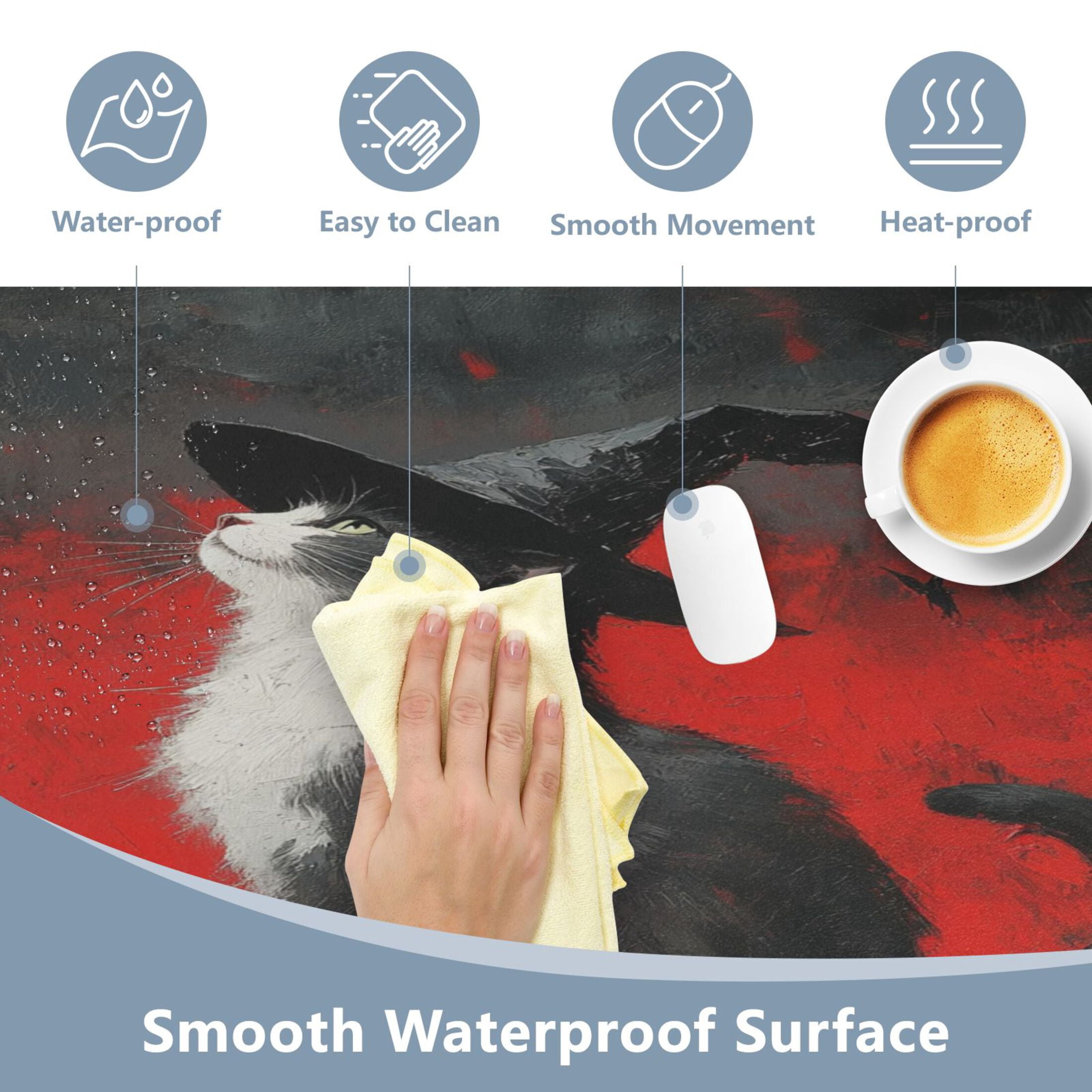 Wobogo Black Hat Cow Cat Gaming Mouse Pad Non-slip Leather Desk Mat Water Resist Keyboard Pad for Gamer Office 23.6×47.2in