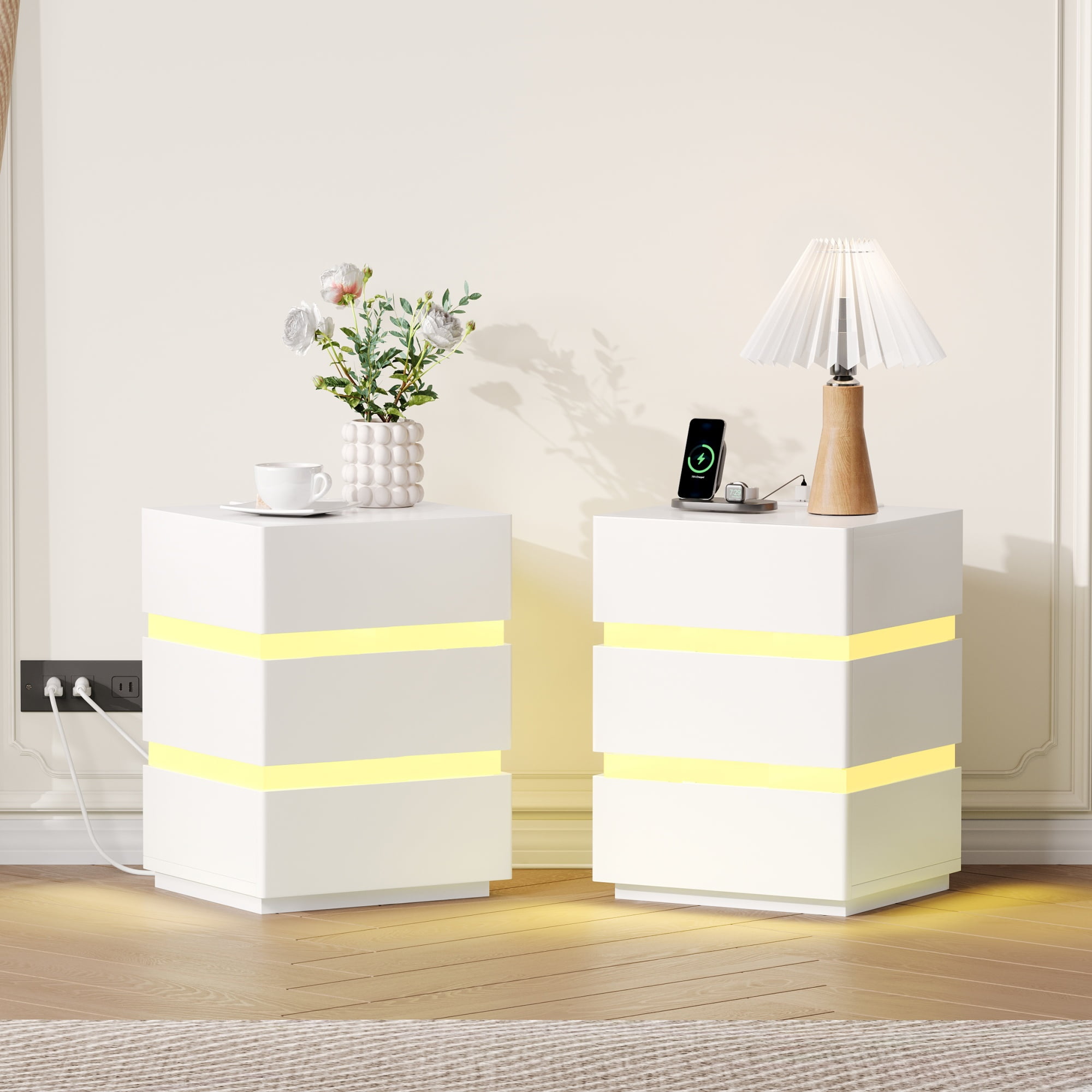 Night Stand With Charging Station And Led Lights, Modern Bedside Table With 3 Storage Drawer, End Table For Bedroom