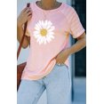 thumbnail image 2 of POGLIP Women's Pink Daisy Printed Striped Short Sleeve Crewneck T Shirt, 2 of 6