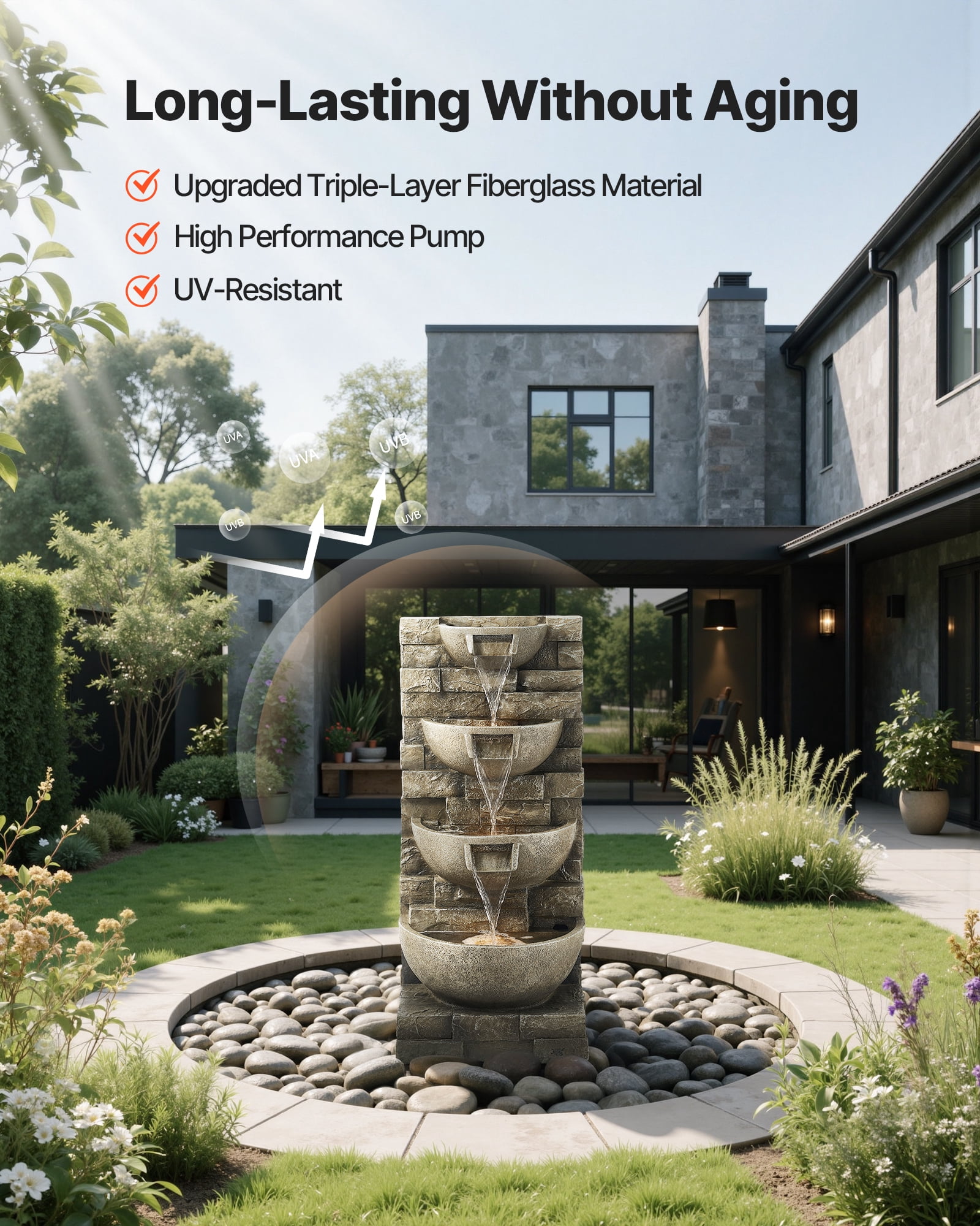 VEVOR Outdoor Water Fountain,35.63 in Height Fountain and Waterfall, 4-Tier Floor Standing Cascading Fountains with LED Light and Pump, Block Stack Style, for Outdoor Indoor Garden, Patio & Backyard