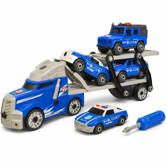 Police Truck Carrier Playset for Kids Ages 3 , 2-in-1 Semi Hauler Ramp Toy with 3 Police Cars, Screwdriver, Lights & Sounds