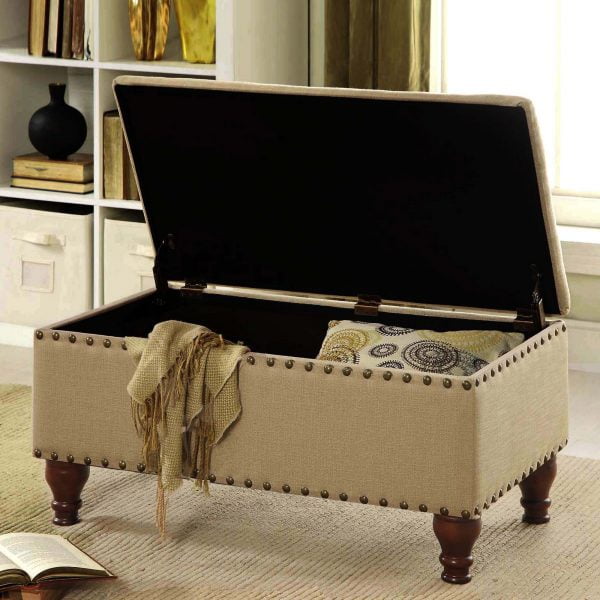 HomePop Large Rectangle Storage Bench with Nailhead Trim, Beige