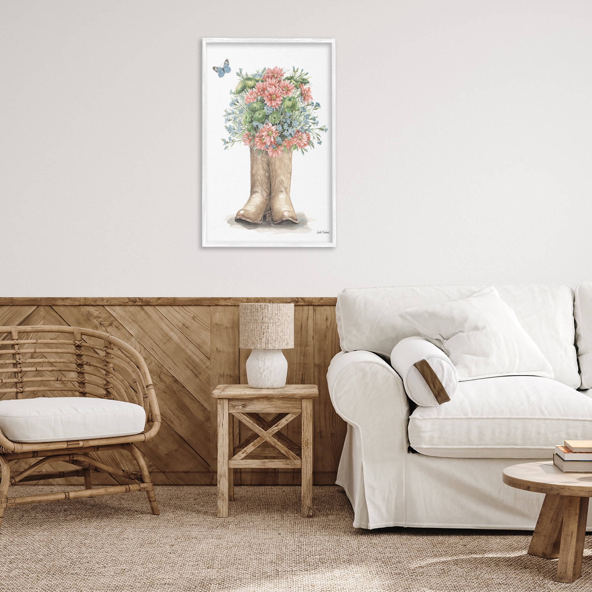 Stupell Industries Western Wildflower Boots Botanical & Floral Painting White Framed Art Print Wall Art, 20 x 30