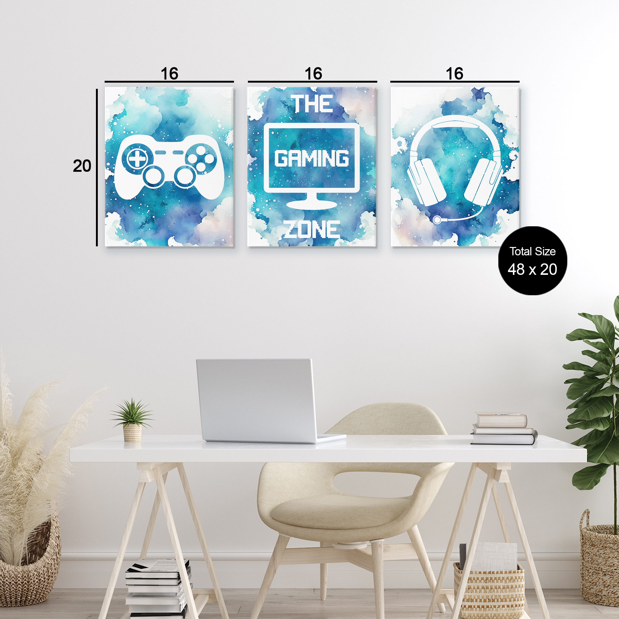 Blue Gamer Splatters 3 Piece Canvas Wall Art Set, design by Marcus Prime
