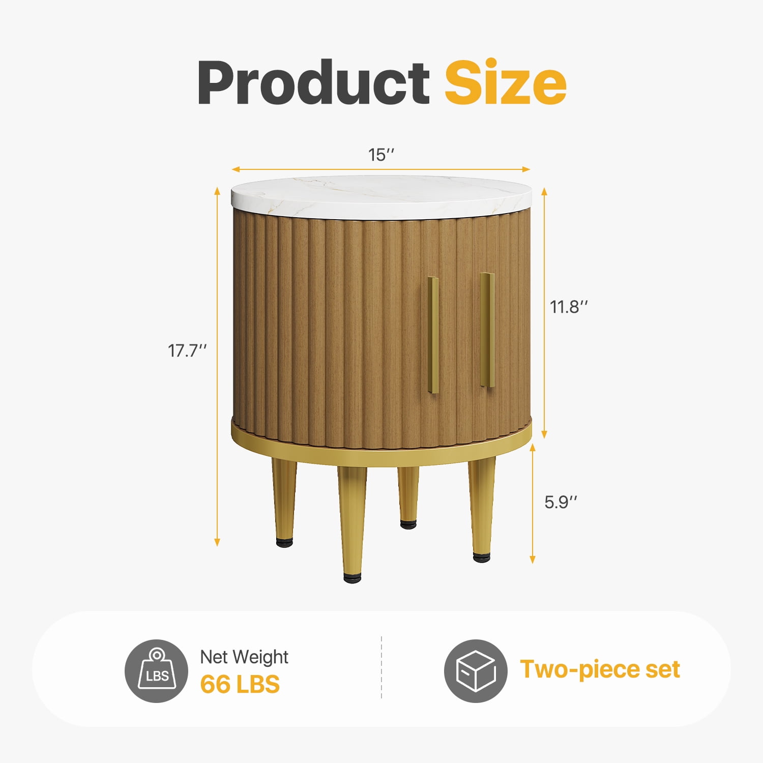 Sonegra Fluted Nightstand Set of 2, Modern Side Table with Faux Marble Top and Metal Handle, Boho Bedside End Table with Sliding Door and Curved Corners for Bedroom,Living Room, Natural Oak