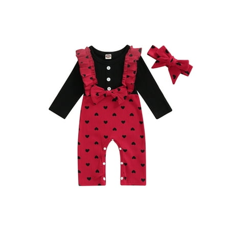 

TheFound Newborn Baby Girls Clothes Long Sleeve Romper Heart Print Ribbed Jumpsuit+Headband Fall Winter Outfits