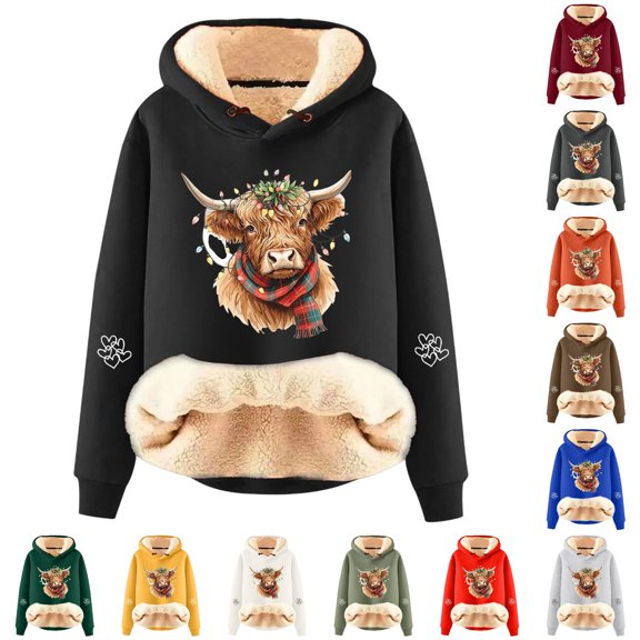 NinXxx Women's Cow Print Lined Soft Warm Pullover Hoodie Fashion Comfort Black XXL