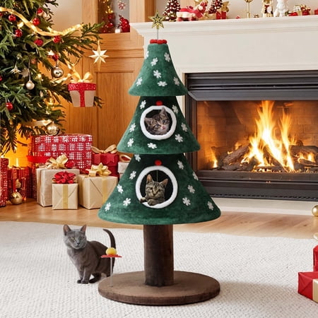 Uforic 52 Inch Christmas Tree Style Cat Tower with 2 Cat Houses DIY Snowflake & Star Festive Decor Green