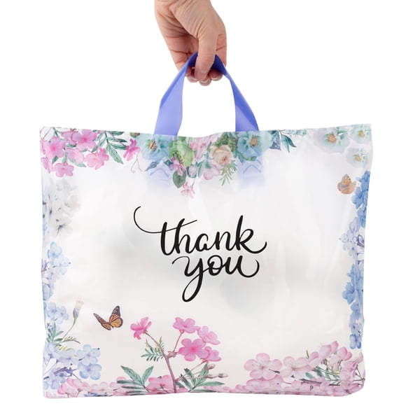 Púrpura Q Crafts Bolsas De Agradecimiento Para Negocios, Paquete De 50 Bolsas De Compras De Plástico Floral De 15 Pulgadas De Ancho X 12 Pulgadas De Alto Con Asa Suave