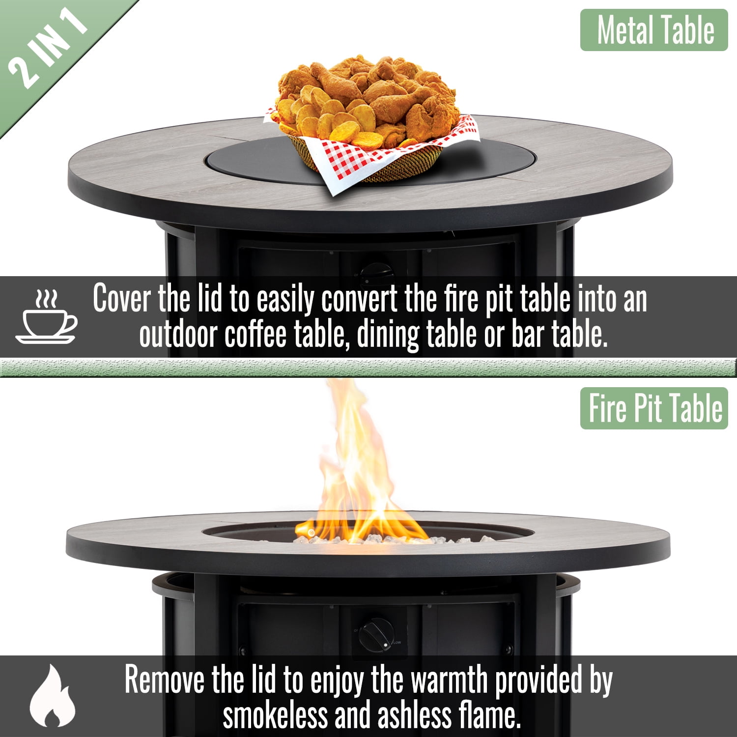 E-Western 30in Propane Fire Pit Table with Wood Grain Ceramic Top 50000 BTU Steel Frame Gas Firepit for Outdoor Patio Garden Backyard Black