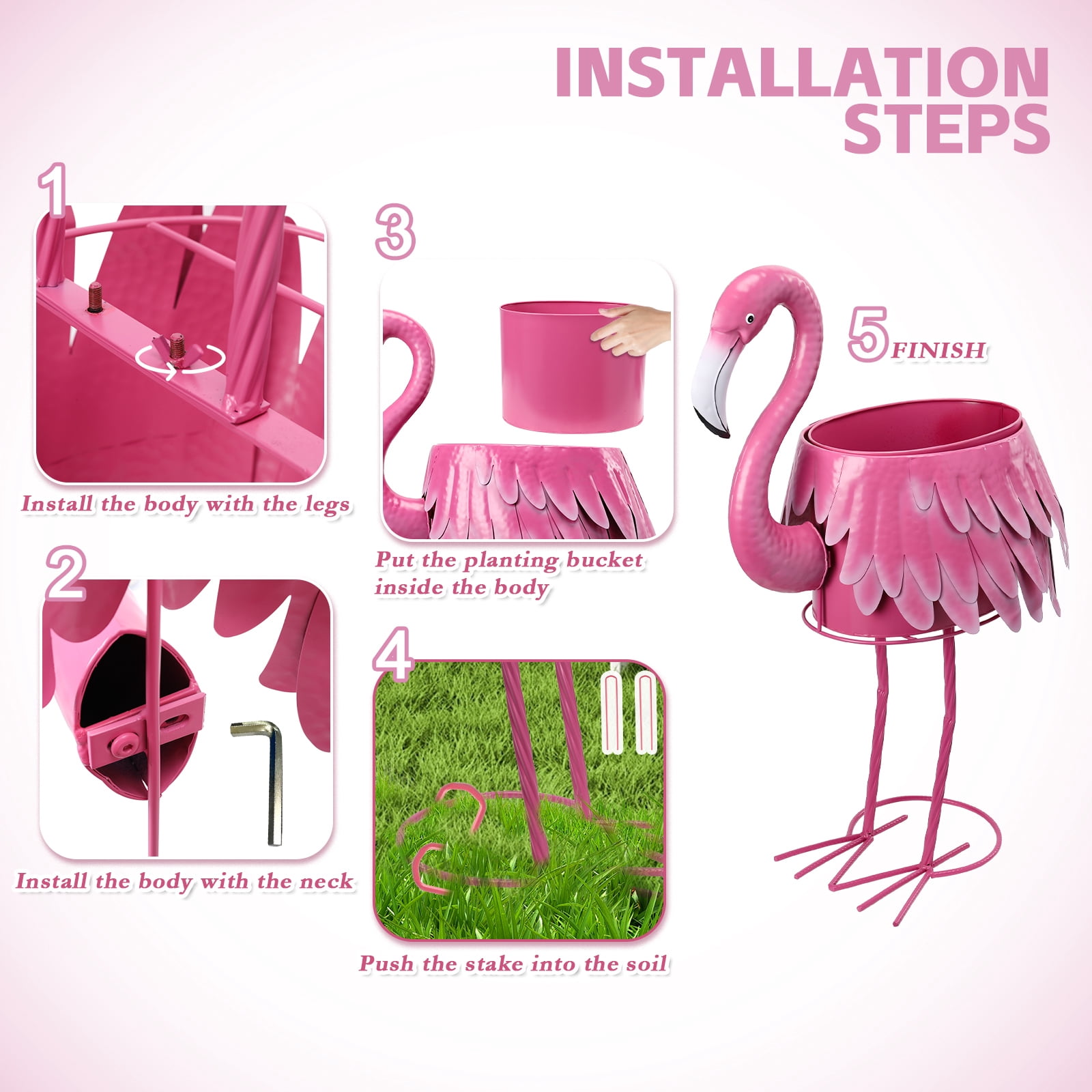 31 Inch Pink Flamingo Metal Planter – Decorative Flower Pot with Drain Hole, Indoor/Outdoor Accent for Garden, Patio & Poolside