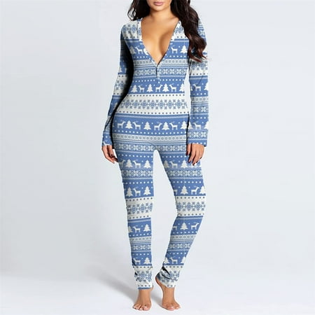 

qucoqpe Christmas One Piece Pajamas for Women Sexy V Neck Onesie Flap Jumpsuit Romper Christmas Print Butt Flap Rompers Nightwear Sleepwear