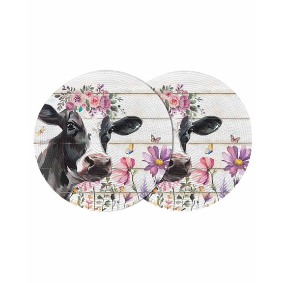 Farmhouse Rustic Round Table Placemats set of 2, Wildflowers Cow Wood Texture Washable Woven Place Mats for Dining Tables Kitchen Party Decor,Heat Proof, 13in, Black White