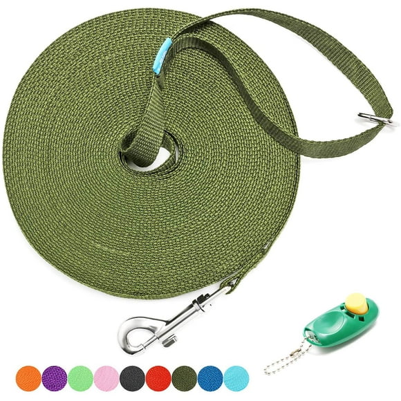 shiyou-15 ft, 20 ft, 30 ft, 50 ft, 100 ft Long Leash for Dog Cat Training, Play, Camping, or Backyard Lead with Free Training Clickers for Small, Medium and Large Dogs or Cats (20 Feet, DarkGreen)