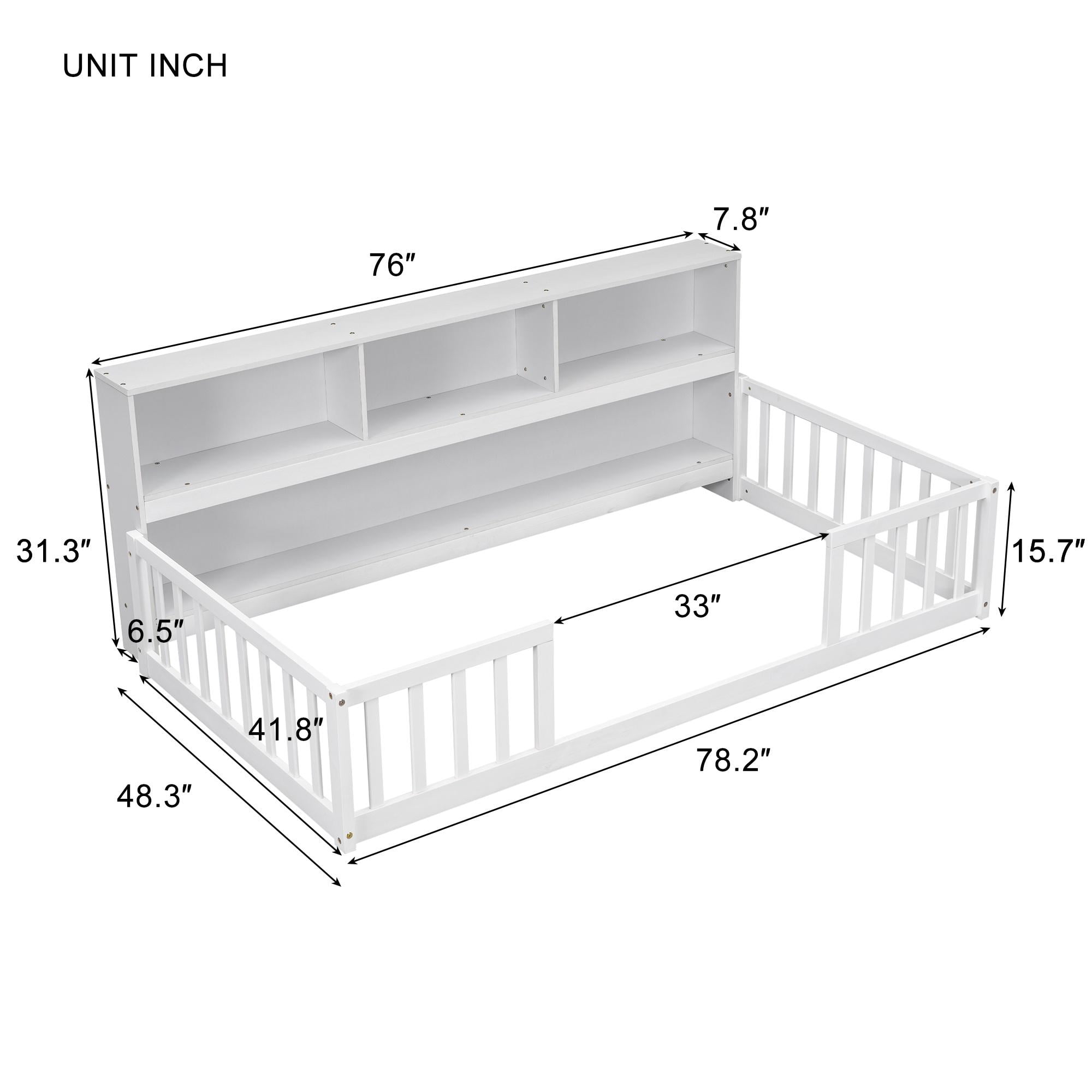 Bellemave Twin Size Floor Bed Frame with Fence and Bookcase Wood Floor Bed Low Montessori Bed Frame with Storage Shelves (Twin, White)