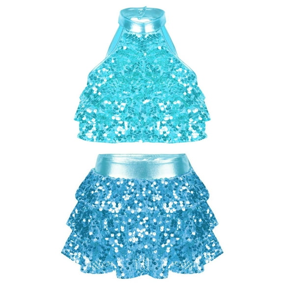 Yanarno Kids Girls 2 Piece Ballet Dance Outfits Sets Sequins Crop Top with Skirt Jazz Latin Tap Ballroom Dancewear Blue 12
