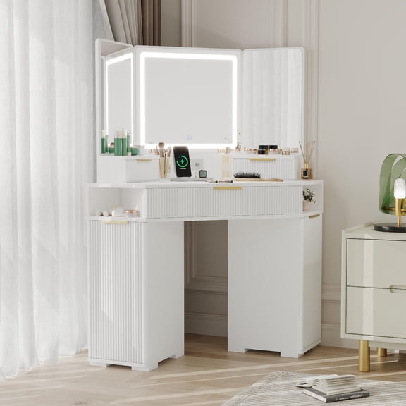 White Corner Vanity, Corner Vanity Desk with Mirror and Lights, Fluted Makeup Table with Charging Station, Drawers, Storage Cabinets