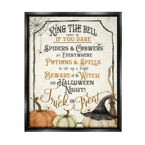 Stupell Industries Vintage Trick or Treat Sign Holiday Painting Black Floater Framed Canvas Art Print Wall Art, 17 x 21