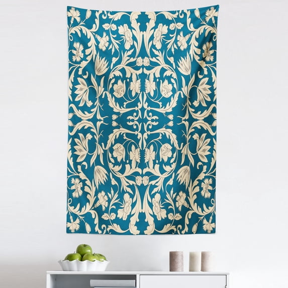 Chinese Tapestry, Far Eastern Scroll Pattern with Floral Curls Oriental Flourish, Fabric Wall Hanging Decor for Bedroom Living Room Dorm, 5 Sizes, Petrol Blue and Cream, by Ambesonne
