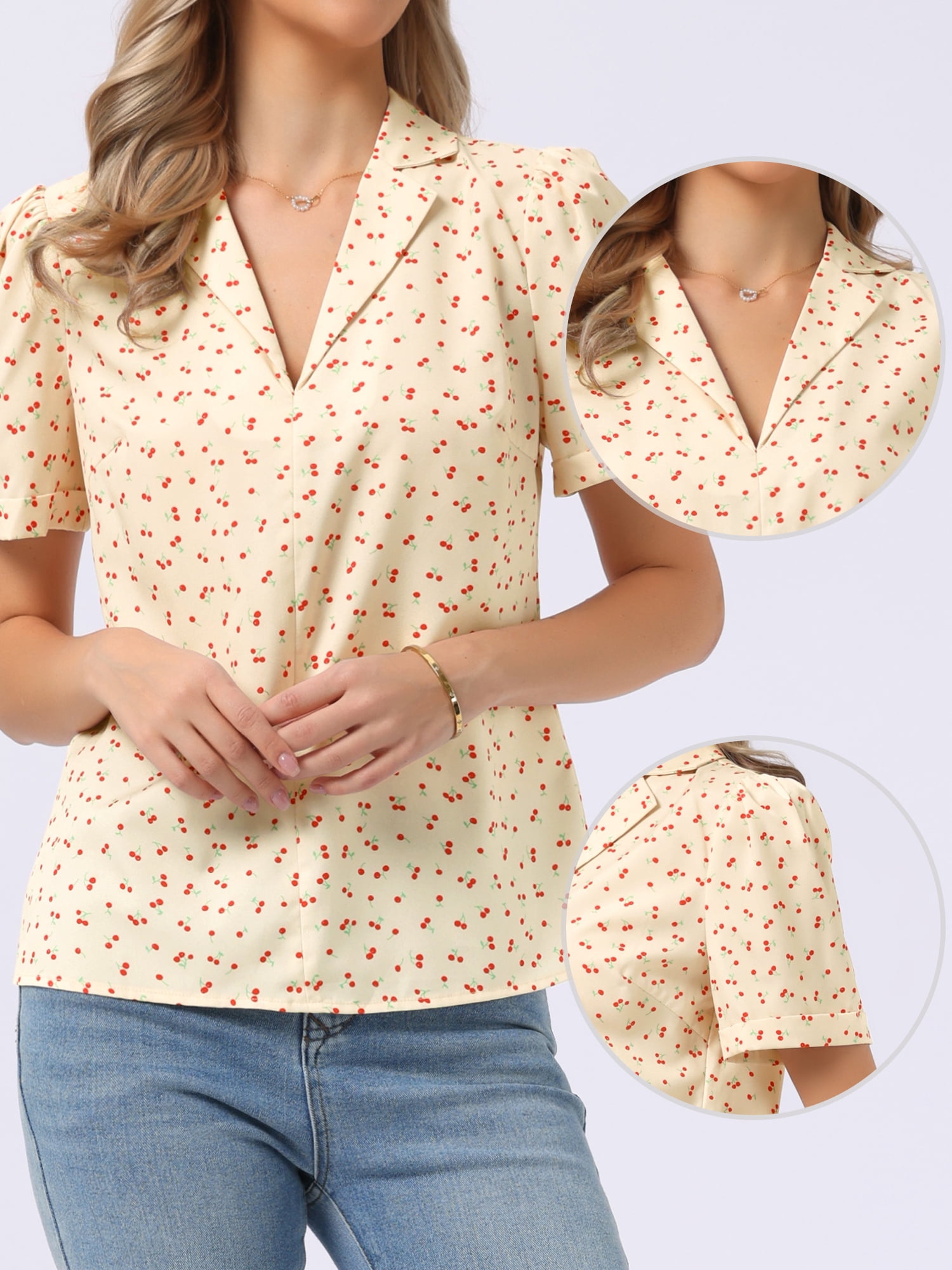 DARING DIVA Women's Floral Short Sleeve V Neck Blouses XS Apricot